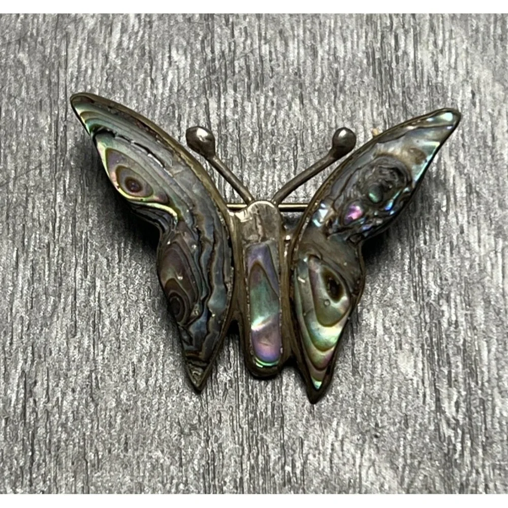 Vintage Mexican Abalone Shell Inlay Butterfly Brooch Pin Signed Hecho en Mexico